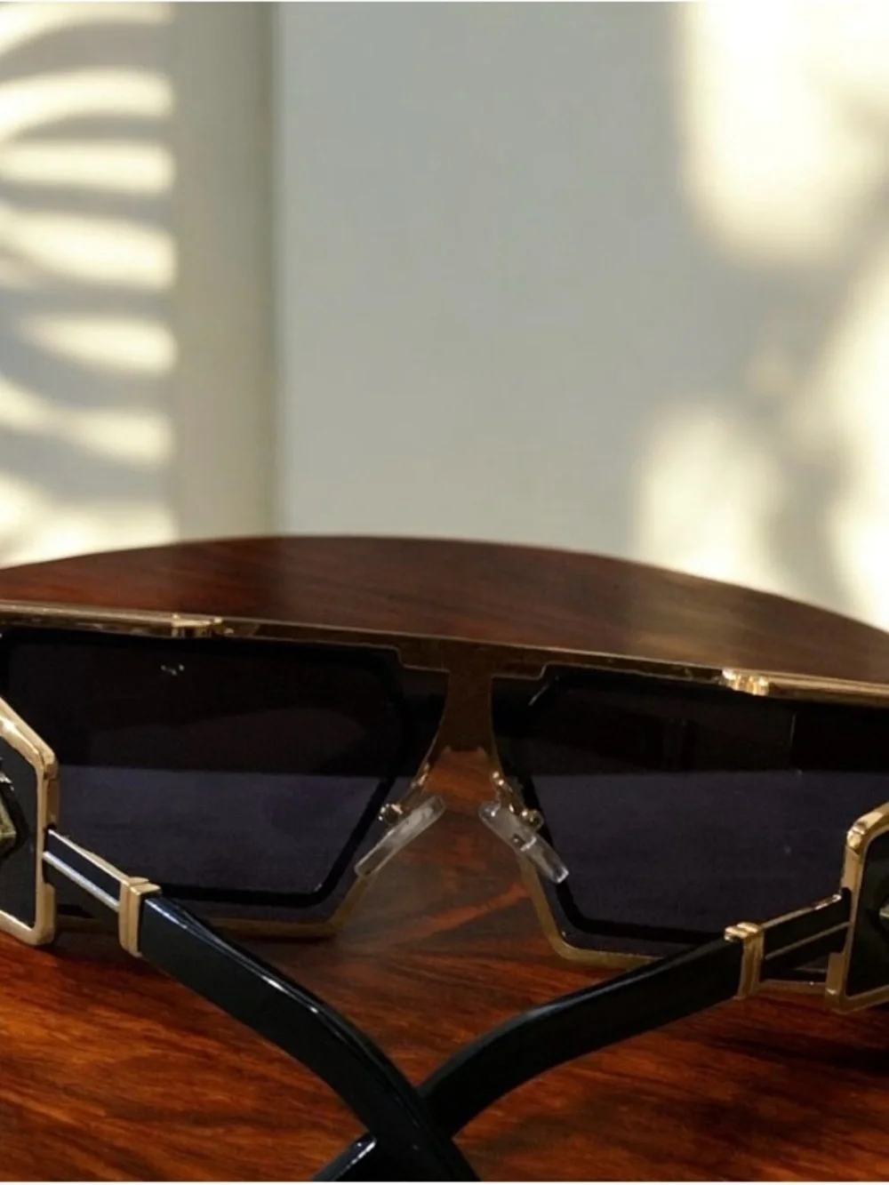 Gold and Black Rectangular Men's Sunglasses with Decorative Side Emblem